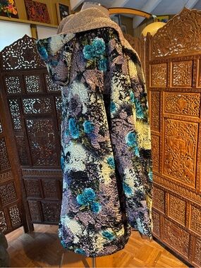 Vintage Quilted Floral Trench Coat — Teal & Taupe